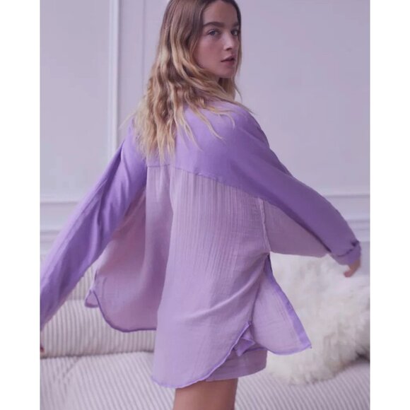 Urban Outfitters Out From Under Purple PALMER Gauze Like Button Up Collar Size L - Picture 1 of 9